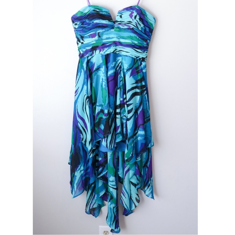 Vintage Hailey Logan 90's Y2K Strapless Abstract Print High Low Asymmetric Dress